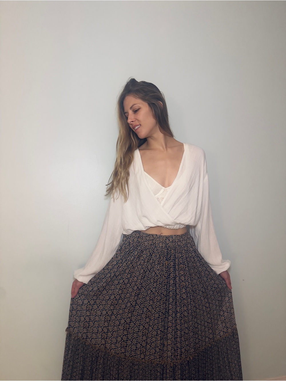DownEast Brown Floral Print Maxi Skirt